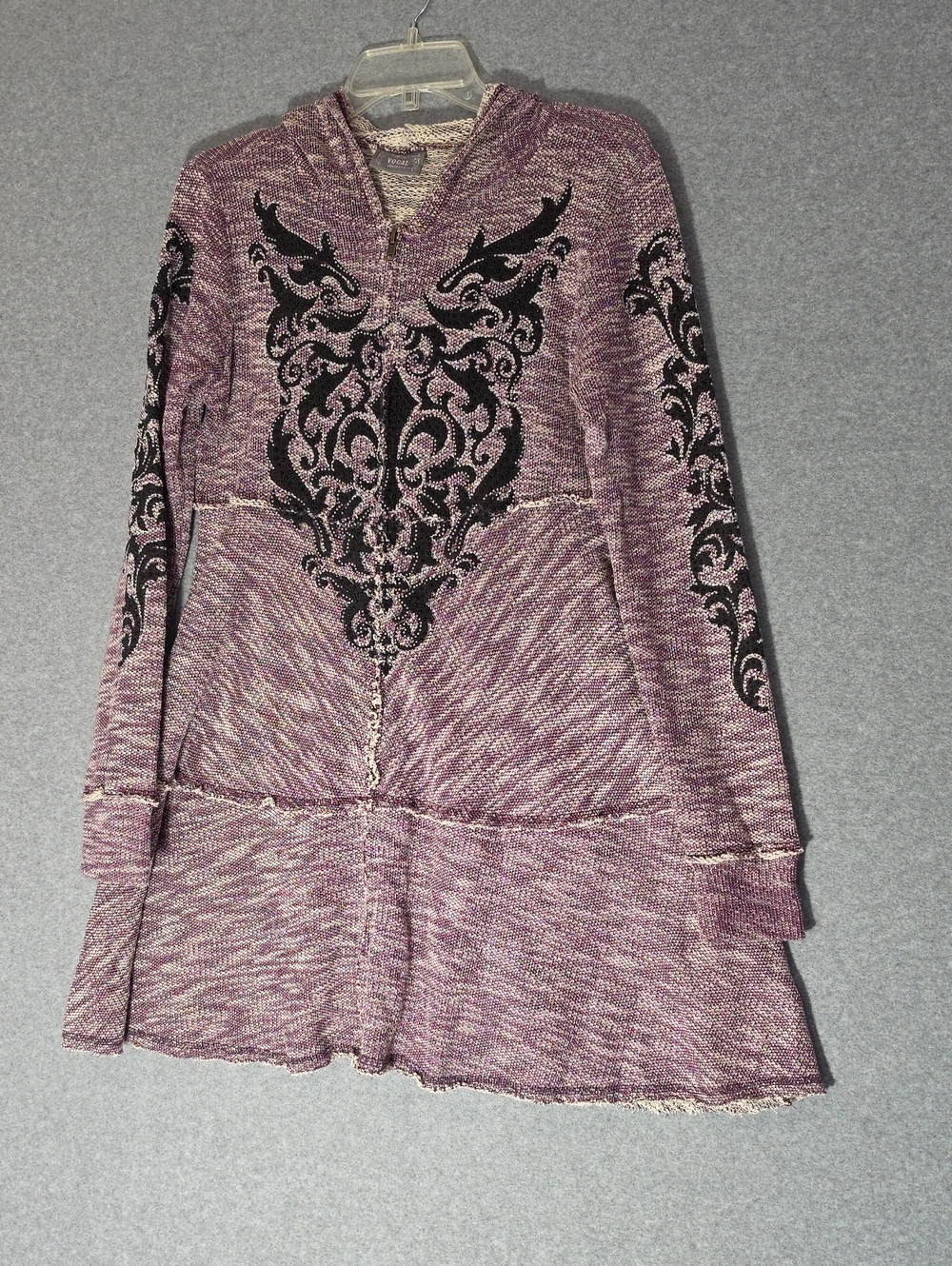 VOCAL Womens Purple Hooded Zip Up Knit Sweater with Black Scroll Detail